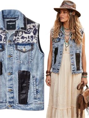 DESIGUAL Blue Acid-Wash Vest w/Black Panels & Leopard print size extra small